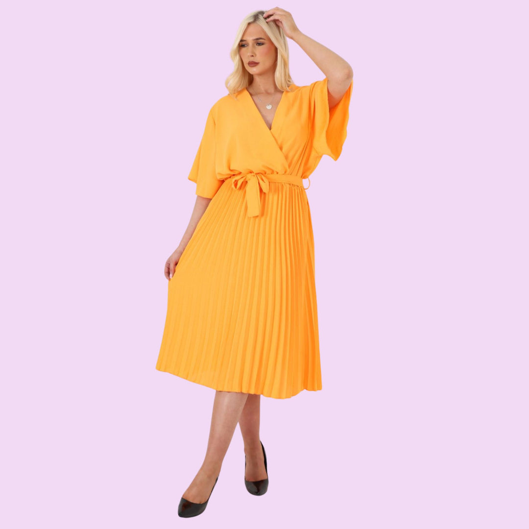 Pleated Belted Wrap Midi Dress