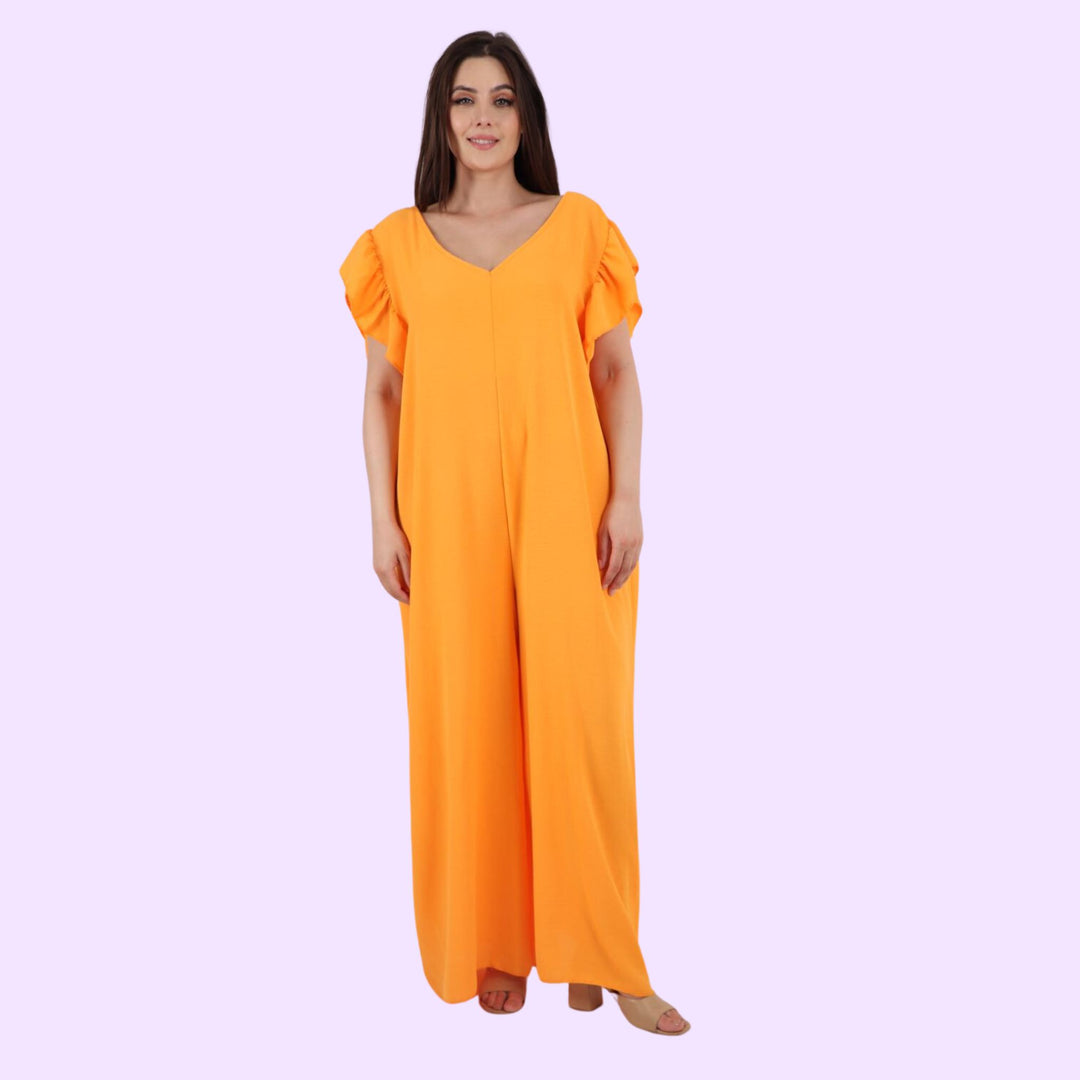 Italian Ruffled Sleeve Back Tie Open Wide Leg Jumpsuit