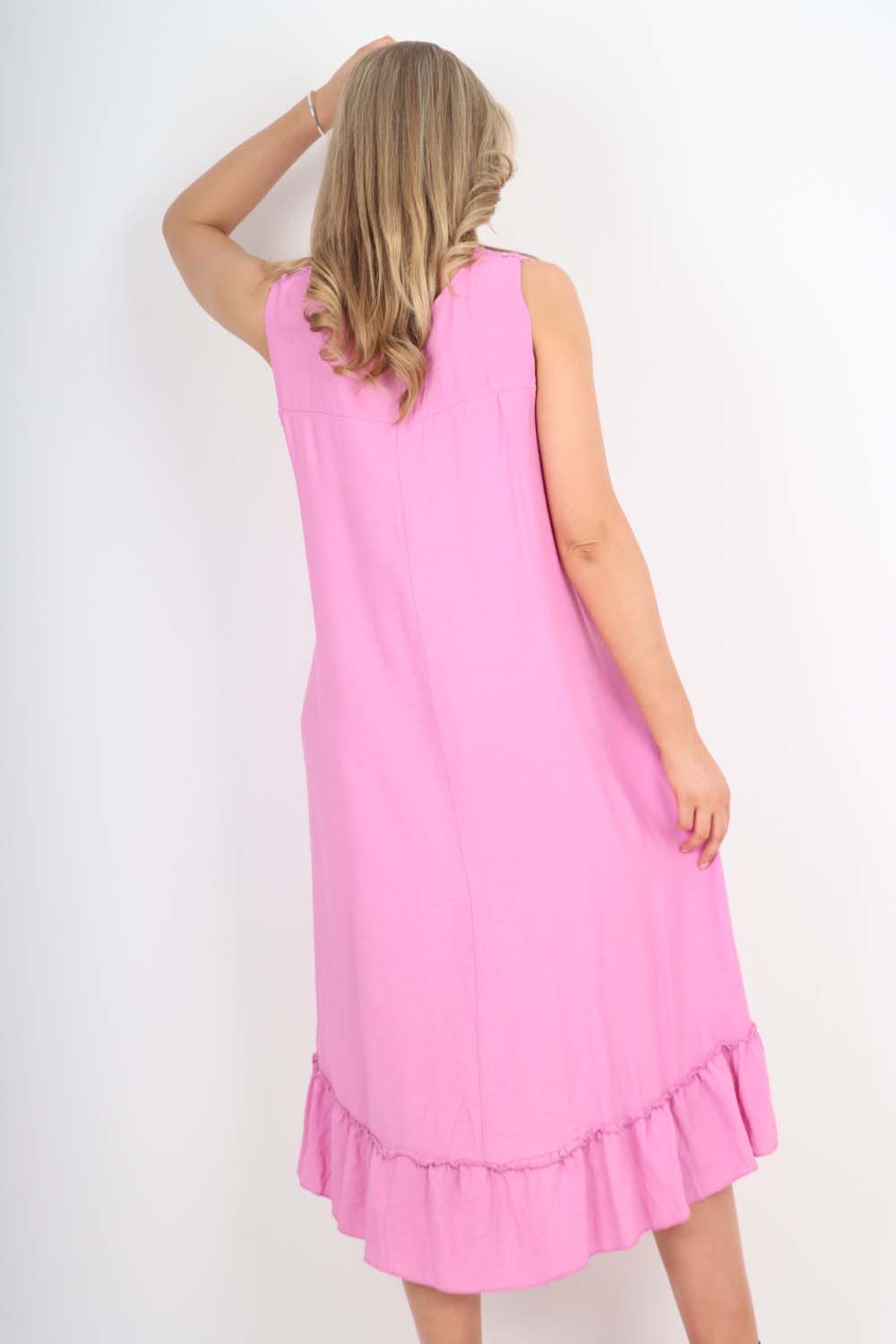 Italian Lace Neckline Dipped Hem Dress