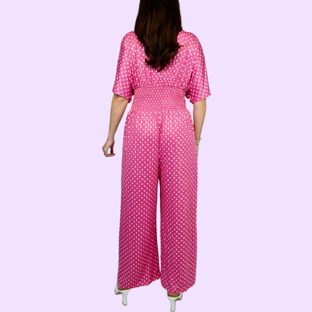 Spot Print Cross Over Shirring Jumpsuit