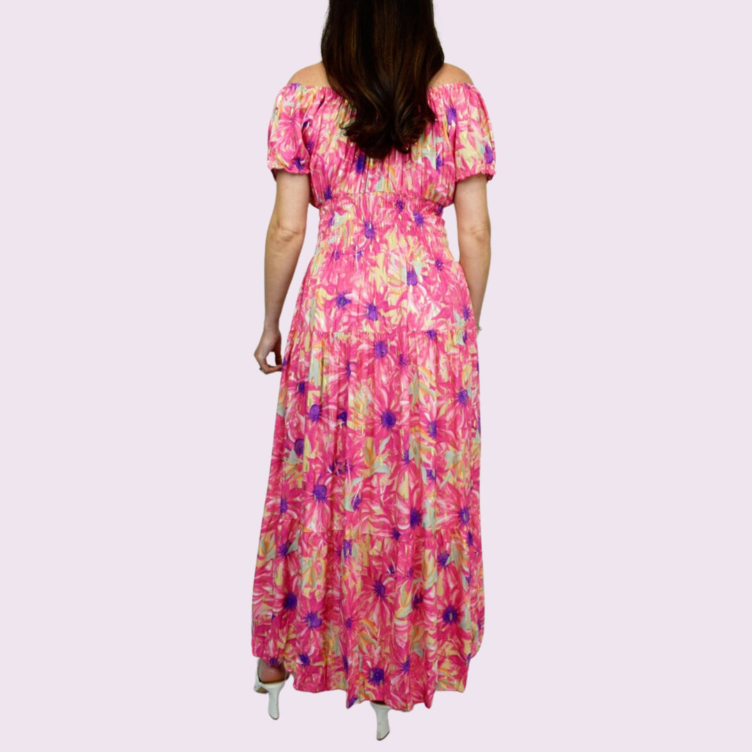 Gold Detail Bright Floral Button Front Maxi