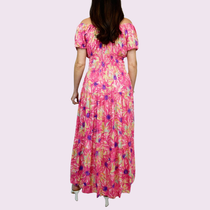 Gold Detail Bright Floral Button Front Maxi