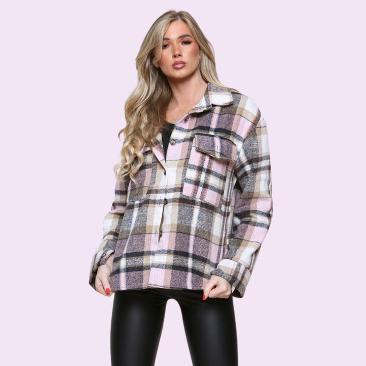 Ladies Check Fleece Jacket Tunic Shacket