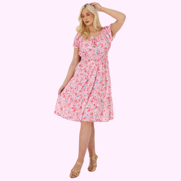 Italian Button Detailed Ditsy Print Bardot Midi Dress