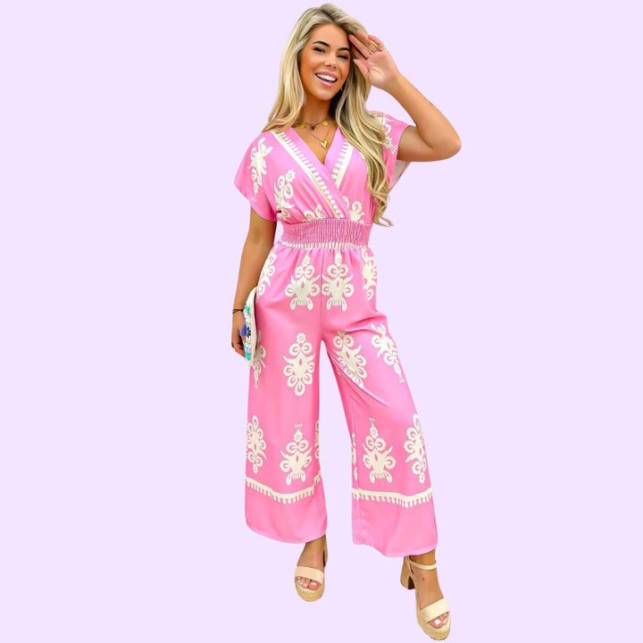 PRINTED SHORT SLEEVE V-NECK WIDE LEG JUMPSUIT