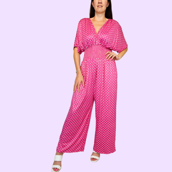 Spot Print Cross Over Shirring Jumpsuit