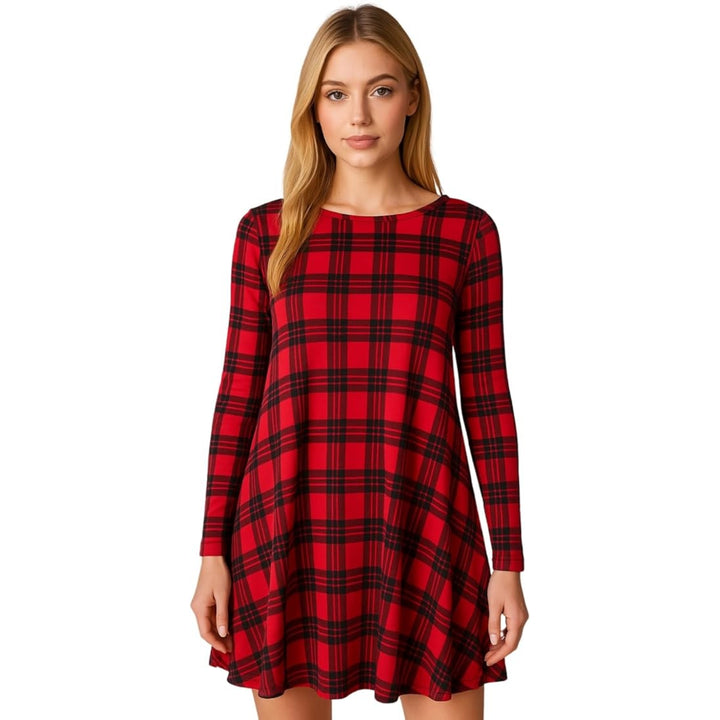 Printed Swing Skater Dress for Women Long Sleeve Tartan Check Mini Flared Dress Round Neck Plus Size Casual A-Line Tunic Dresses Red Tartan Print SM