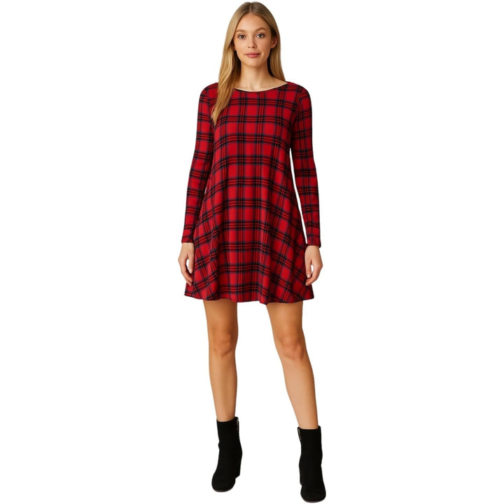 Printed Swing Skater Dress for Women Long Sleeve Tartan Check Mini Flared Dress Round Neck Plus Size Casual A-Line Tunic Dresses Red Tartan Print SM