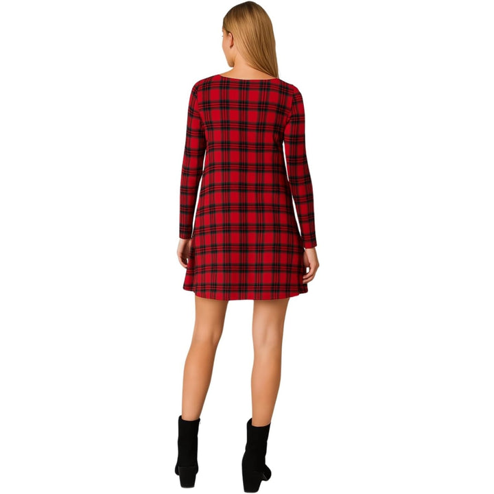 Printed Swing Skater Dress for Women Long Sleeve Tartan Check Mini Flared Dress Round Neck Plus Size Casual A-Line Tunic Dresses Red Tartan Print SM