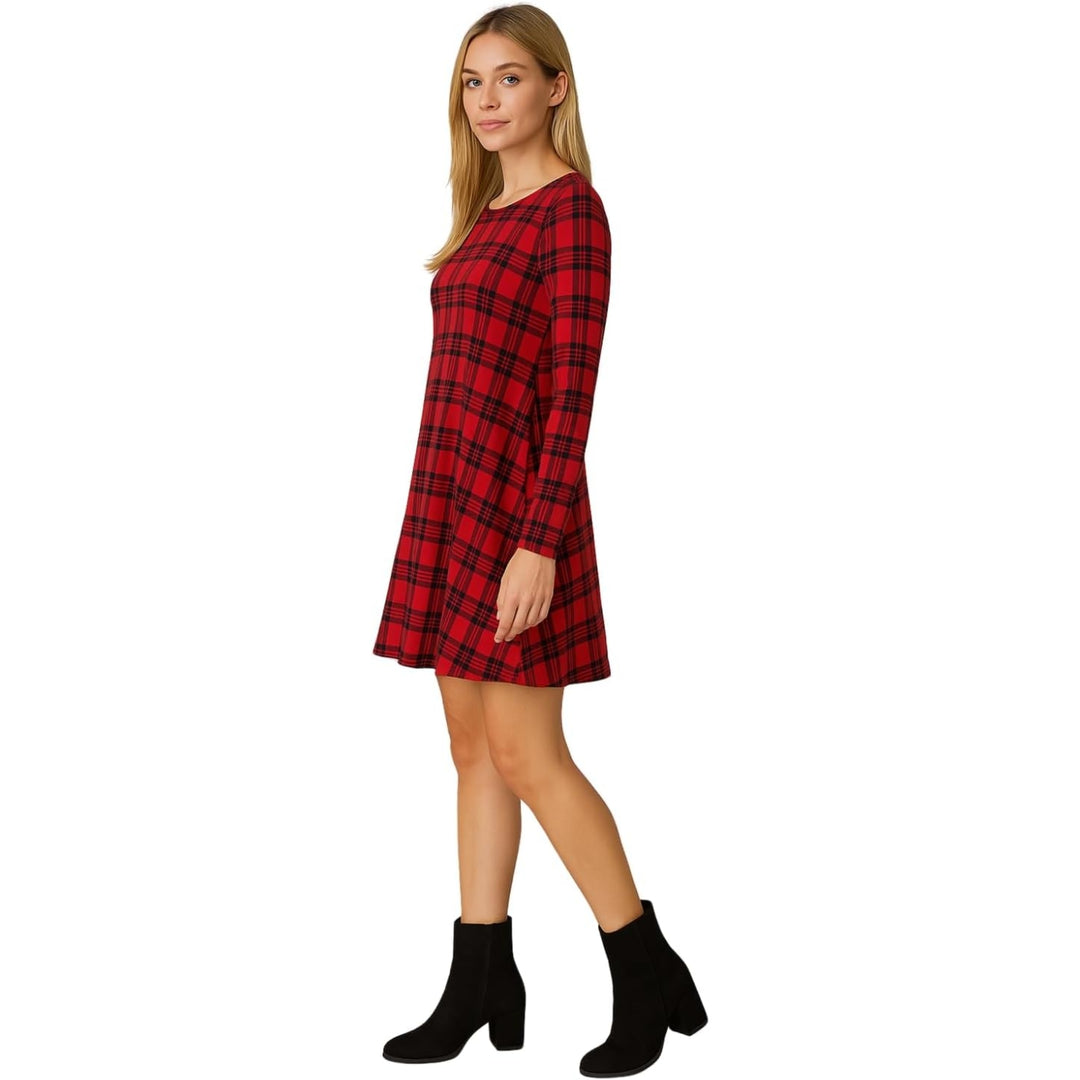 Printed Swing Skater Dress for Women Long Sleeve Tartan Check Mini Flared Dress Round Neck Plus Size Casual A-Line Tunic Dresses Red Tartan Print SM