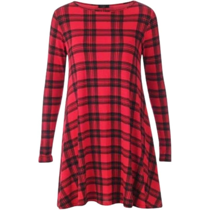 Printed Swing Skater Dress for Women Long Sleeve Tartan Check Mini Flared Dress Round Neck Plus Size Casual A-Line Tunic Dresses Red Tartan Print SM
