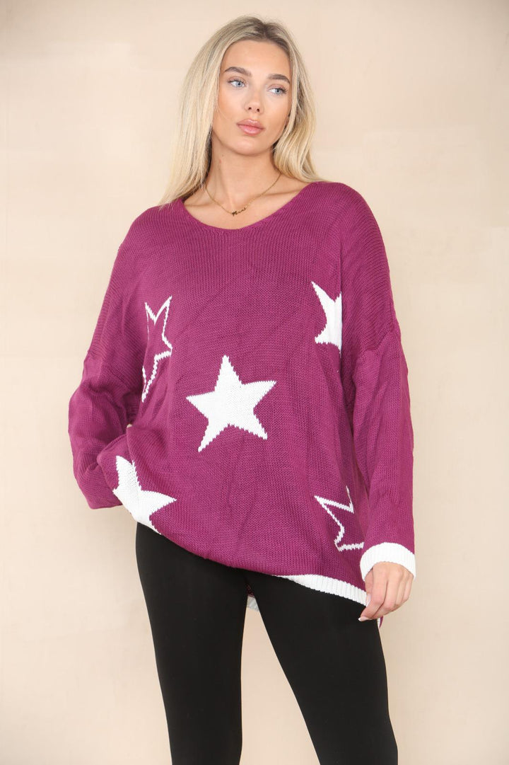 Star Print Oversized V Neck Jumper