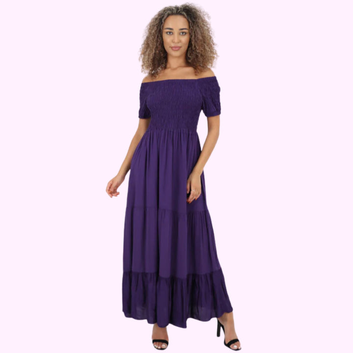 Italian Off Shoulder Shirred Elasticated Tiered Maxi Dress