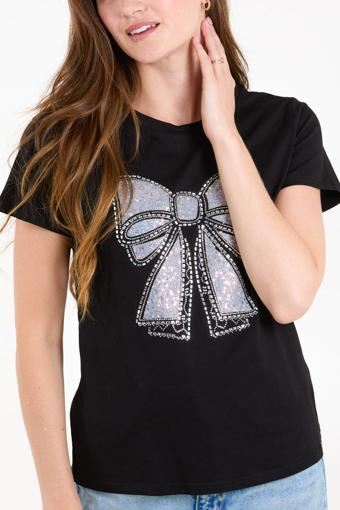 Embellished Sequin Bow T-Shirt