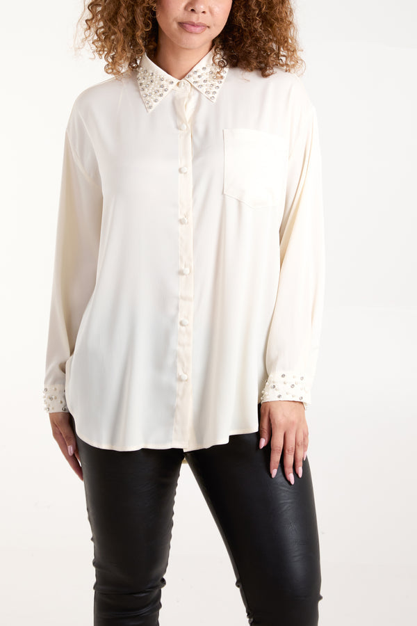 Diamante Embellished Collar & Cuff Satin Shirt