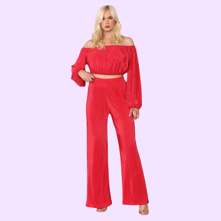 BARDOT PLEATED TOP AND WIDE LEG TROUSER CO-ORD SET