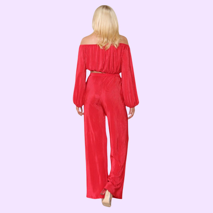 BARDOT PLEATED TOP AND WIDE LEG TROUSER CO-ORD SET