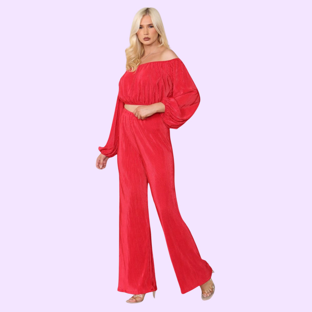 BARDOT PLEATED TOP AND WIDE LEG TROUSER CO-ORD SET