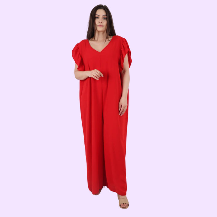 Italian Ruffled Sleeve Back Tie Open Wide Leg Jumpsuit