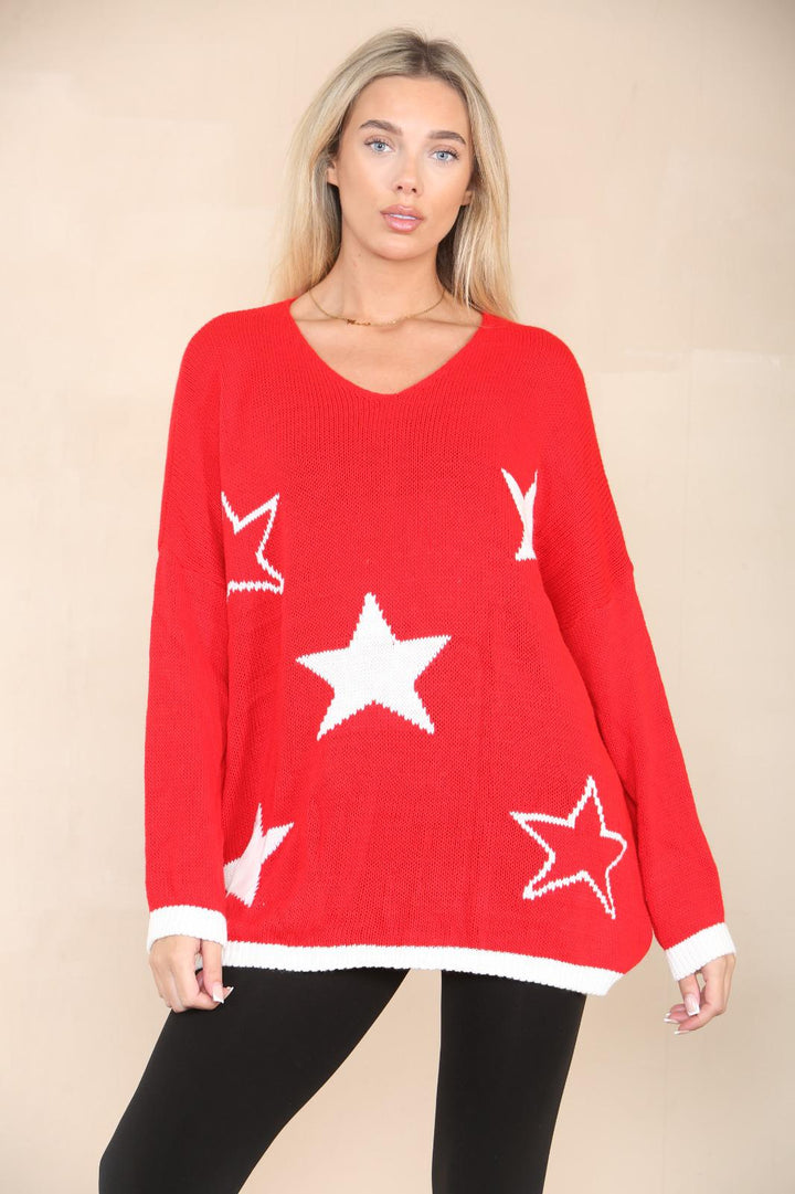 Star Print Oversized V Neck Jumper