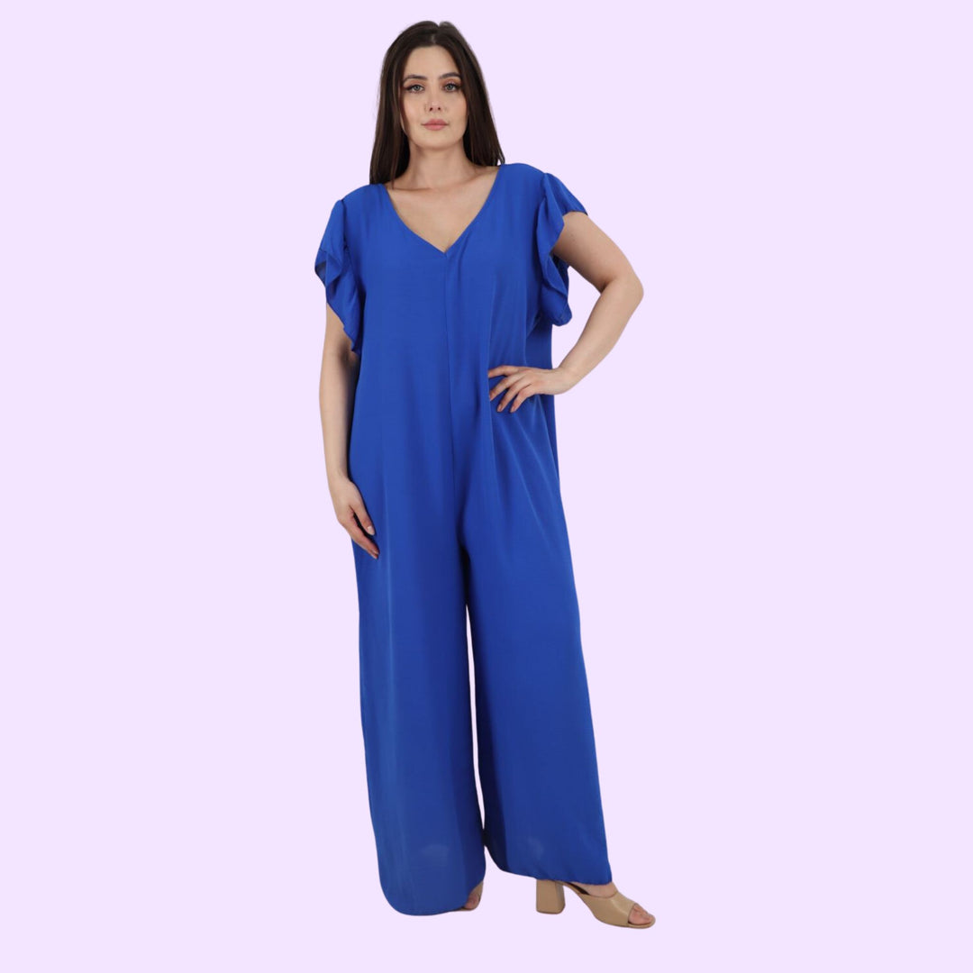 Italian Ruffled Sleeve Back Tie Open Wide Leg Jumpsuit