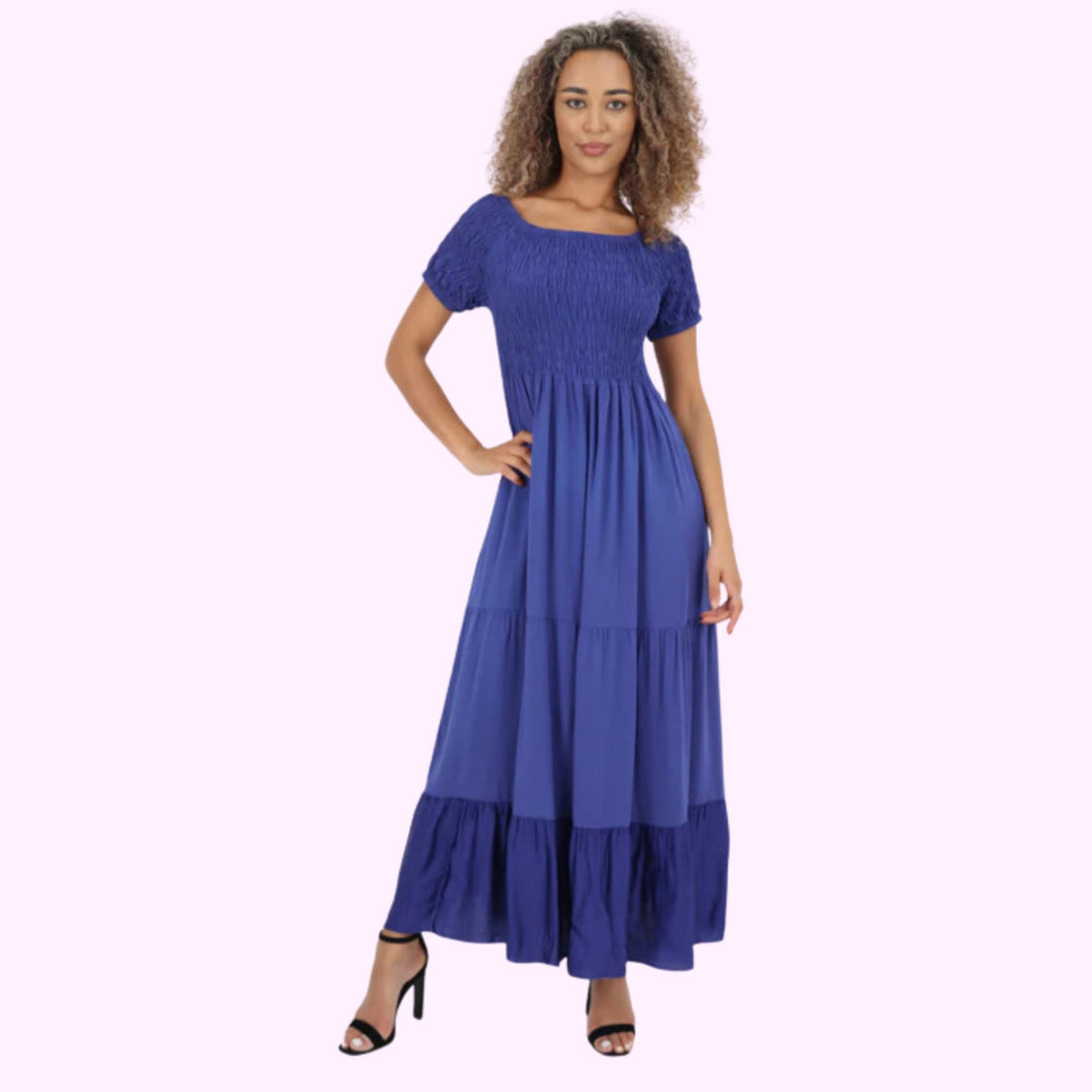 Italian Off Shoulder Shirred Elasticated Tiered Maxi Dress