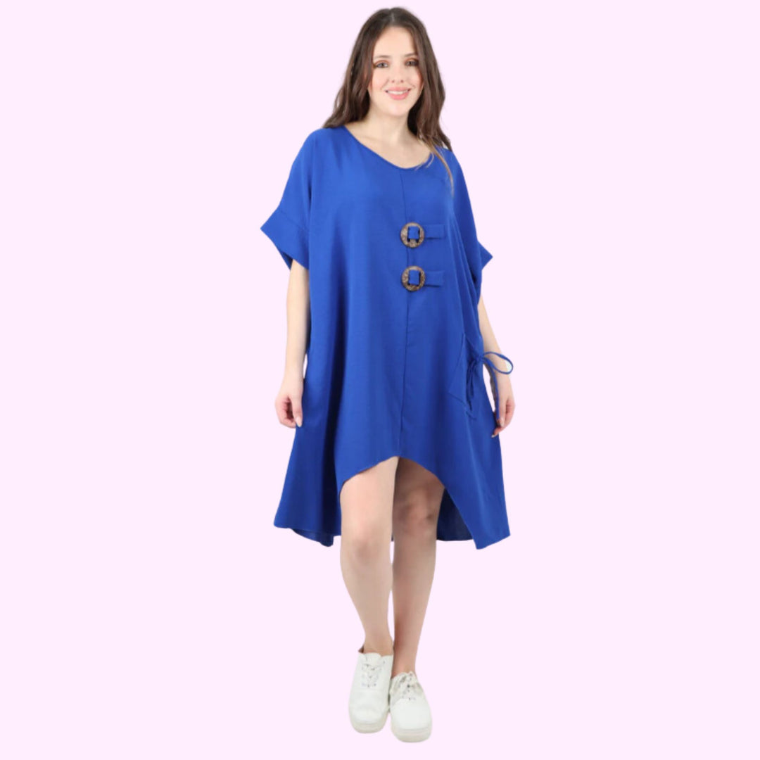 Italian Button Detail Round Neck Dip Hem  Tunic Top