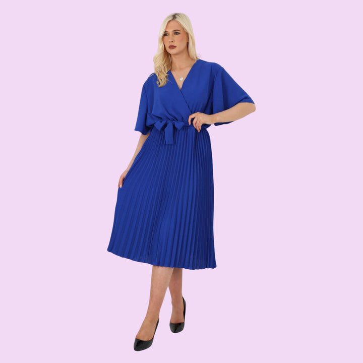 Pleated Belted Wrap Midi Dress