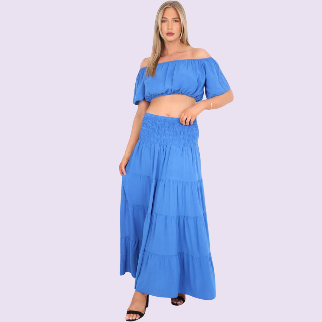 Italian Bardot Crop Top And Maxi Skirt Set