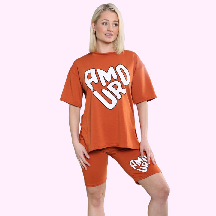 AMOUR Print Cycling Short Co Ord T Shirt Set