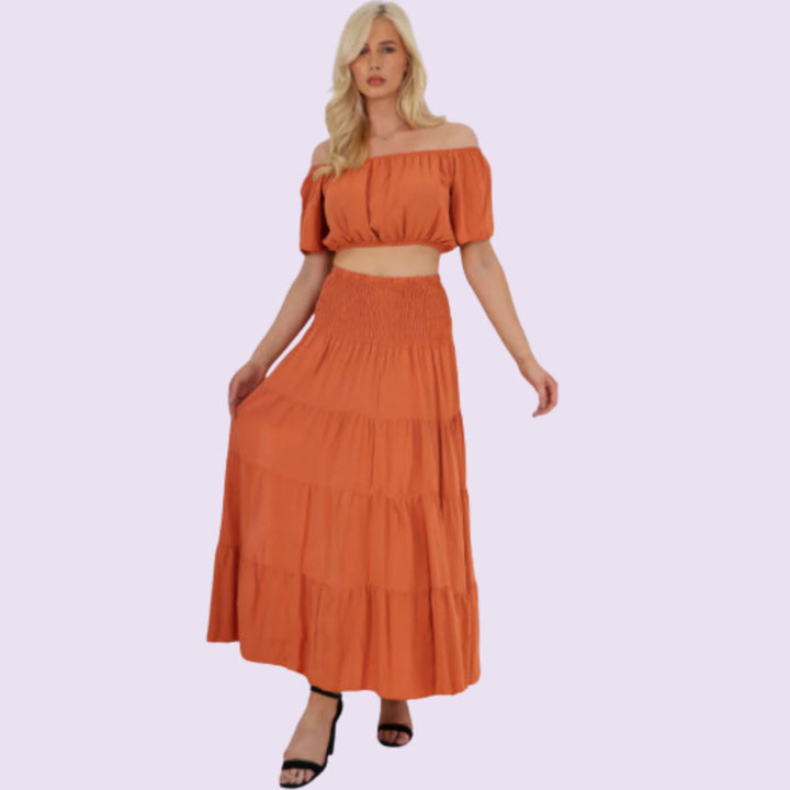 Italian Bardot Crop Top And Maxi Skirt Set