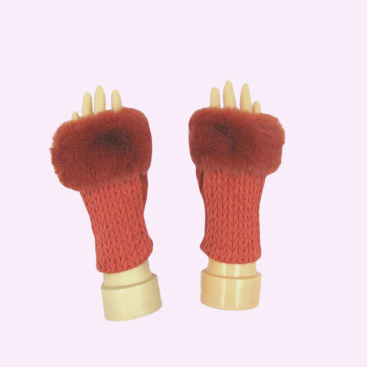 Stitch Knitted Pattern Fingerless Faux Fur Gloves