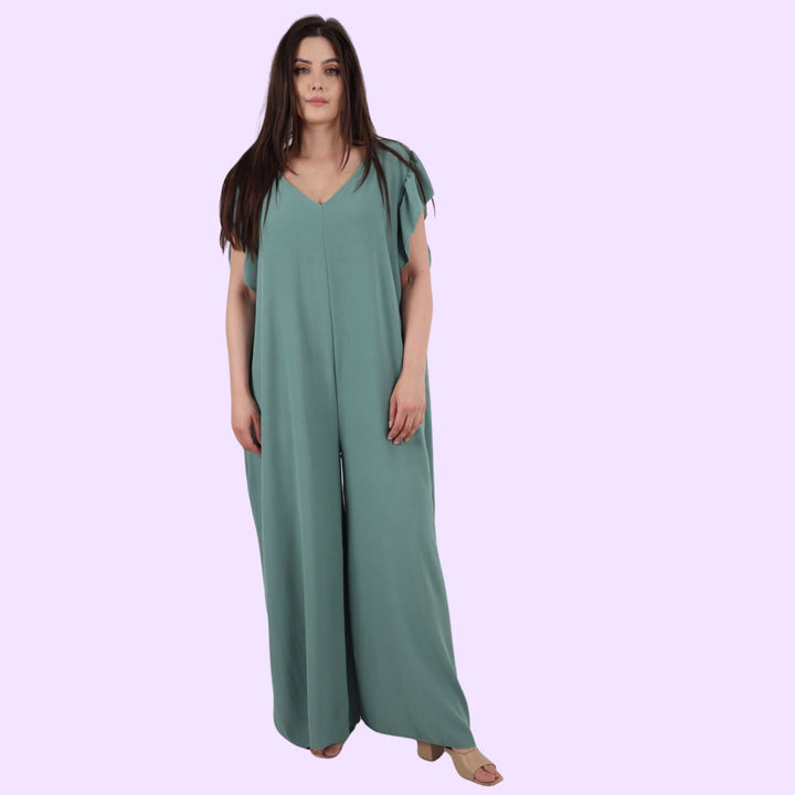 Italian Ruffled Sleeve Back Tie Open Wide Leg Jumpsuit