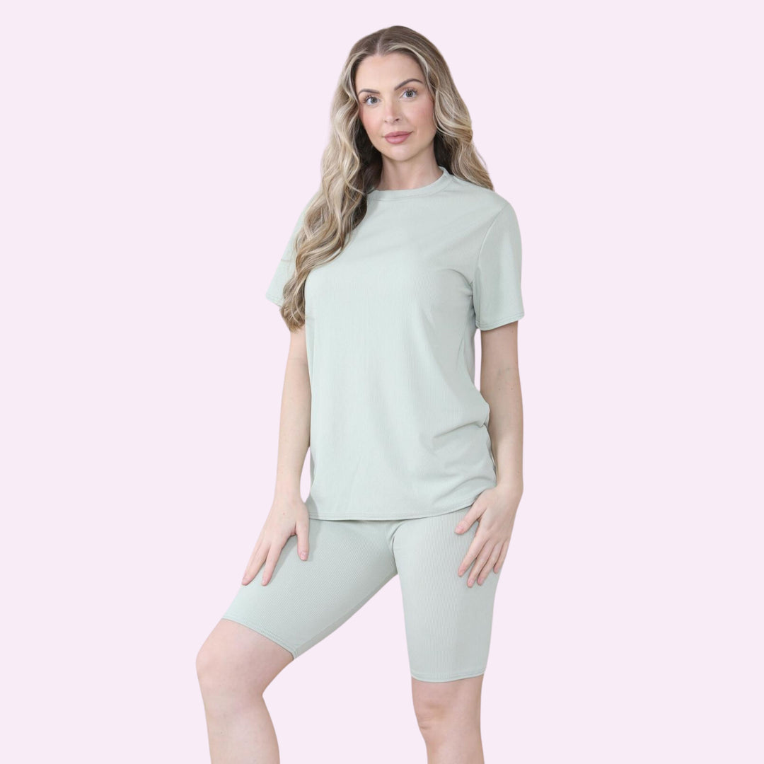 Ladies Ribbed Cycling Shorts Oversized T-Shirt and Active Gym Co ord Set