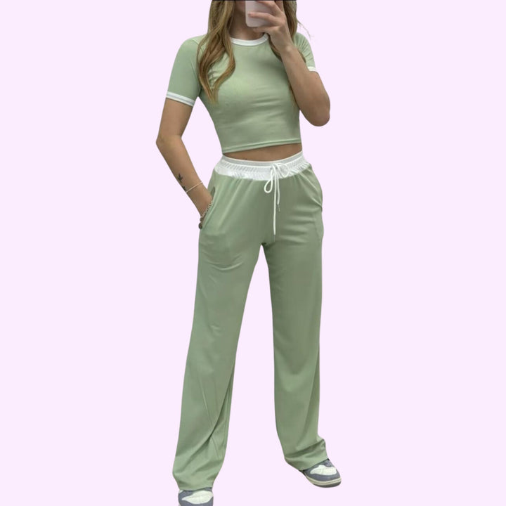 Ribbed contras cap sleeve crop top and trouser two piece set