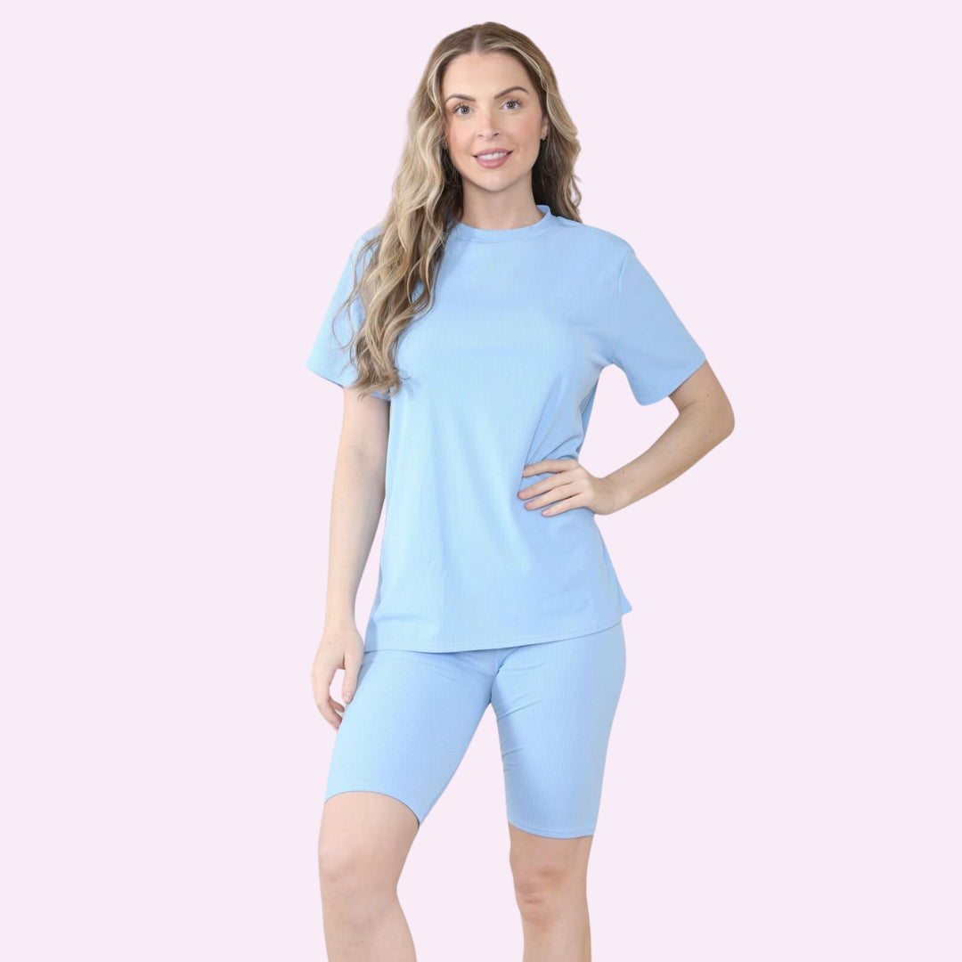 Ladies Ribbed Cycling Shorts Oversized T-Shirt and Active Gym Co ord Set