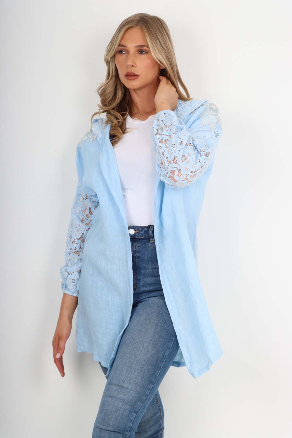 Italian Lace Sleeve Hooded Long Cardigan