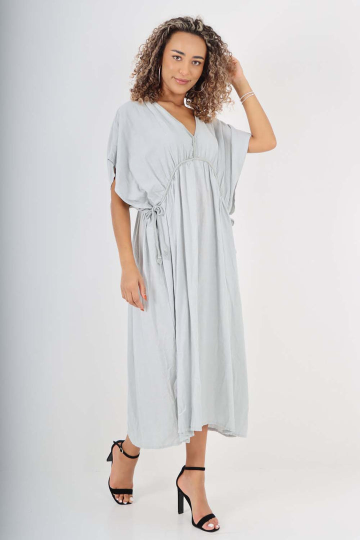 Italian Drawestring Front Flared Linen Dress