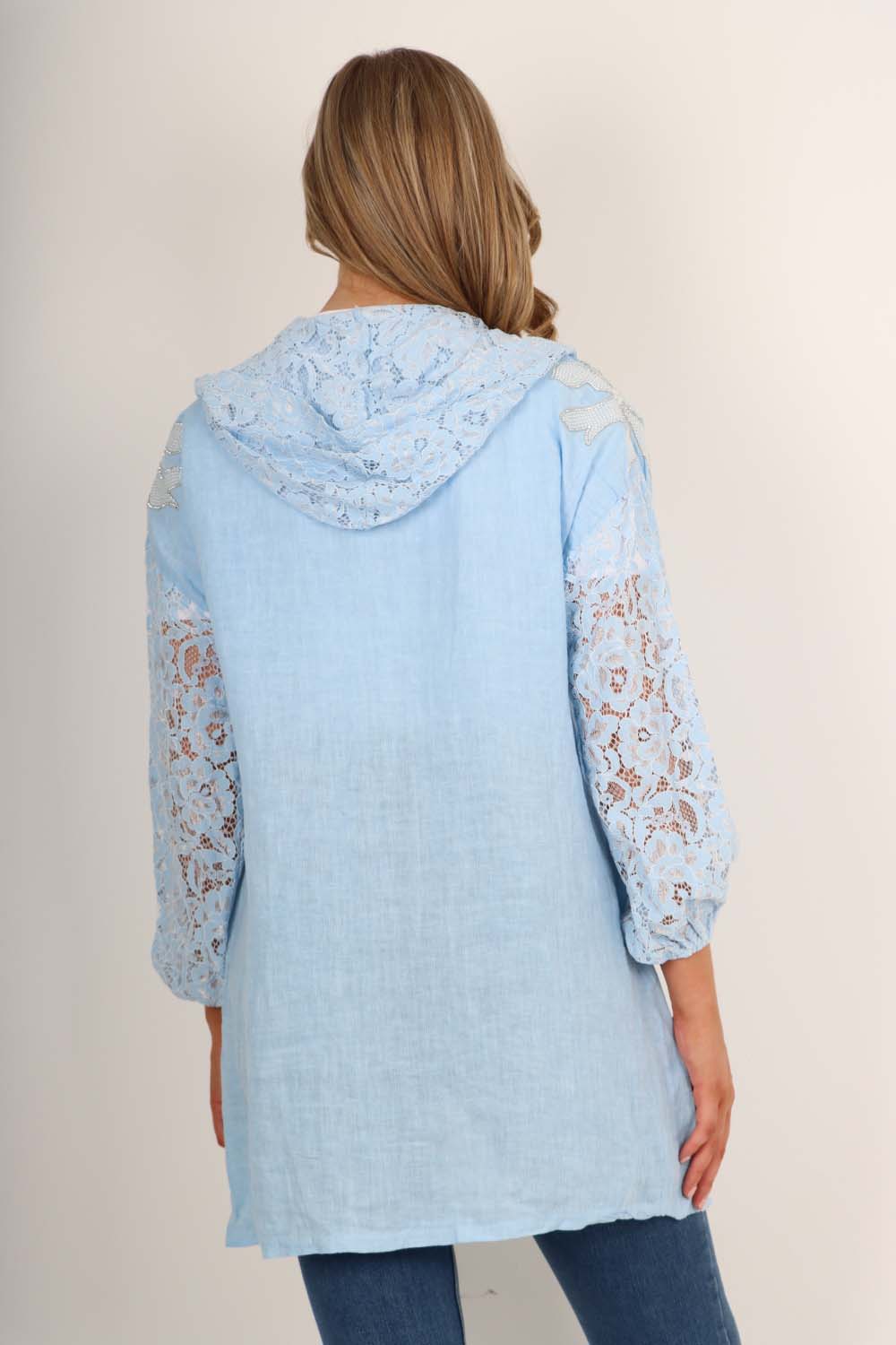 Italian Lace Sleeve Hooded Long Cardigan