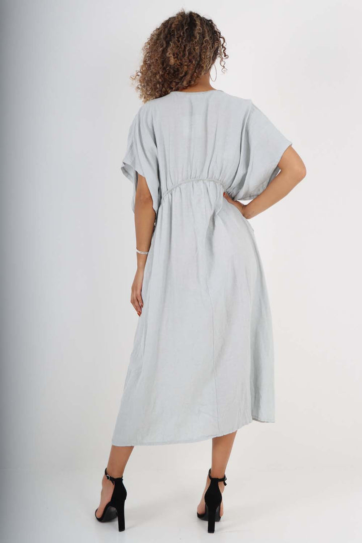 Italian Drawestring Front Flared Linen Dress