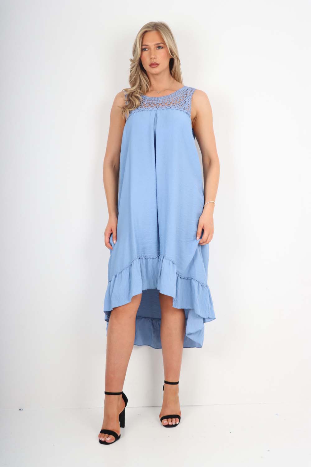 Italian Lace Neckline Dipped Hem Dress