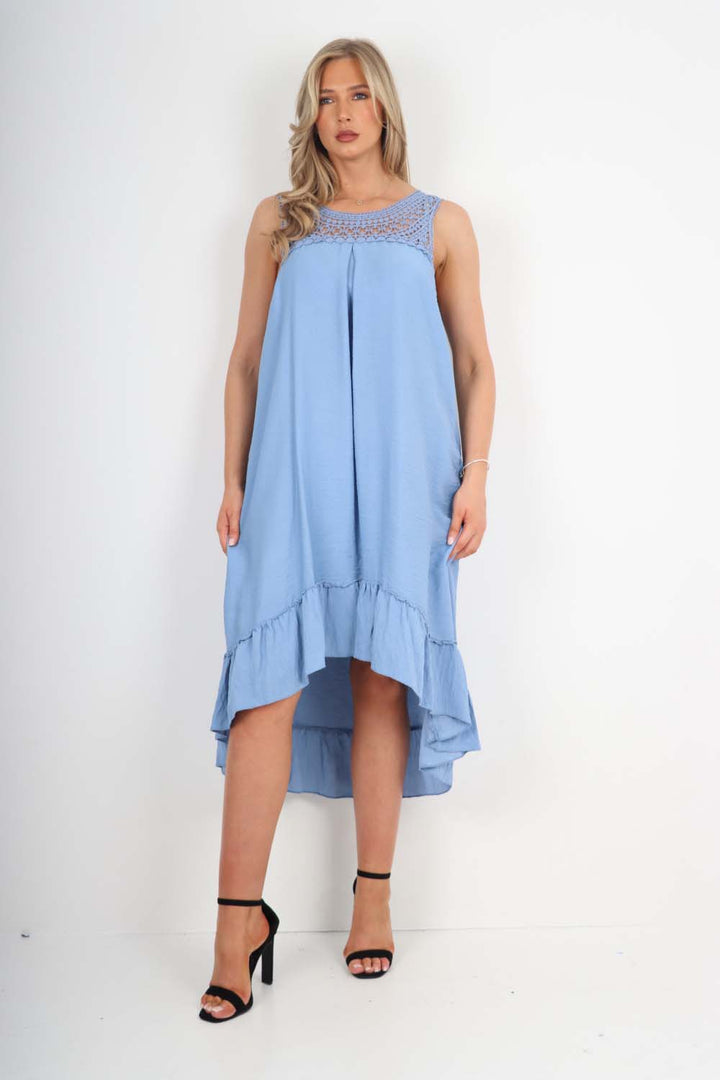 Italian Lace Neckline Dipped Hem Dress