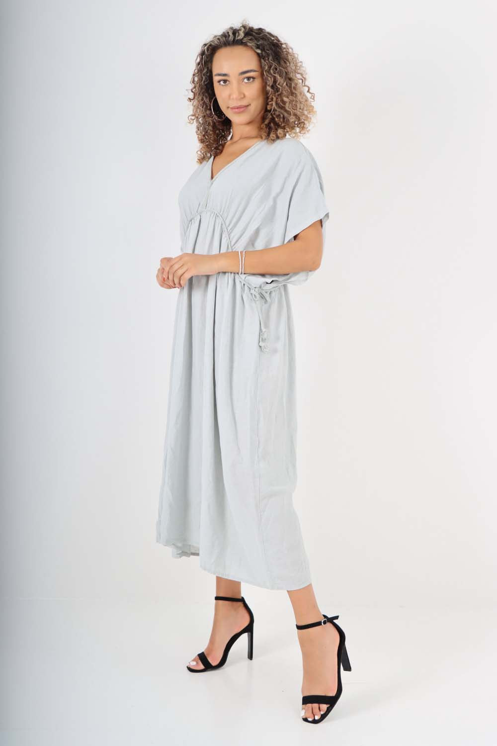 Italian Drawestring Front Flared Linen Dress