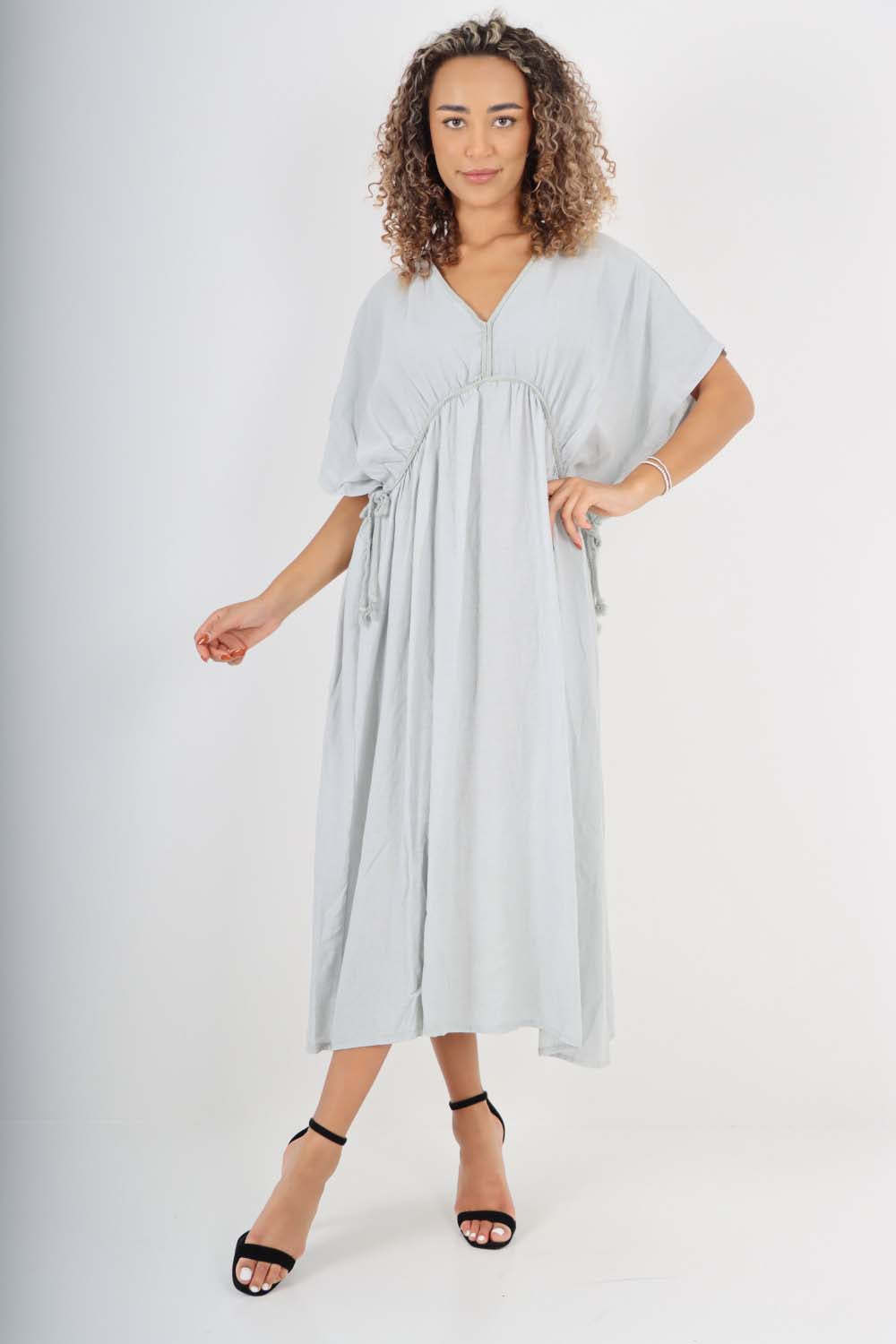 Italian Drawestring Front Flared Linen Dress