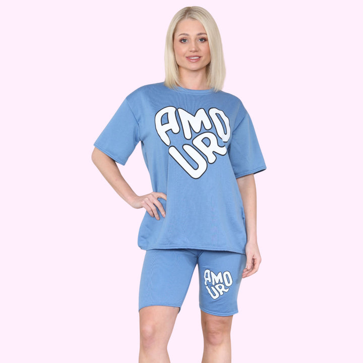 AMOUR Print Cycling Short Co Ord T Shirt Set