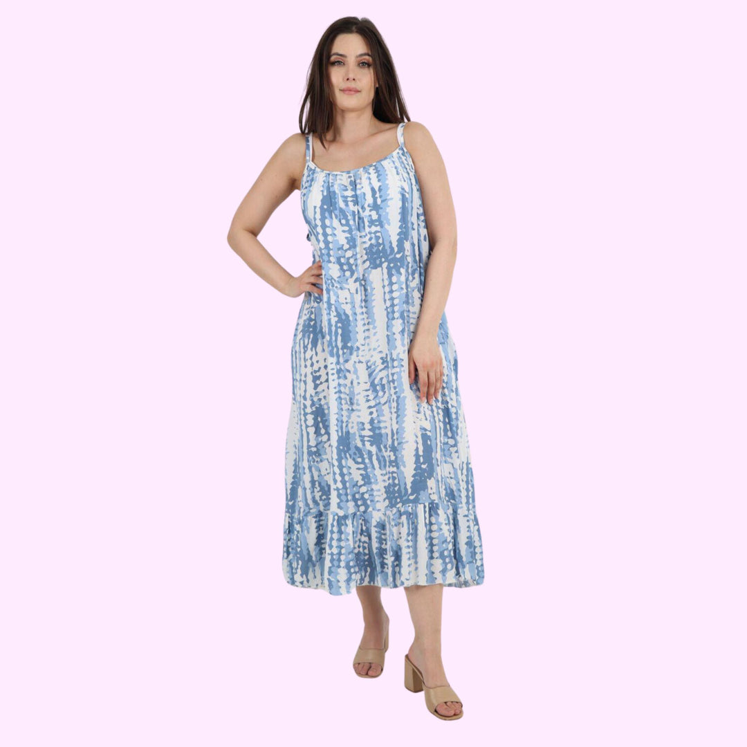 Italian Tie Dye Print Ruffle Hem Sleeveless Dress