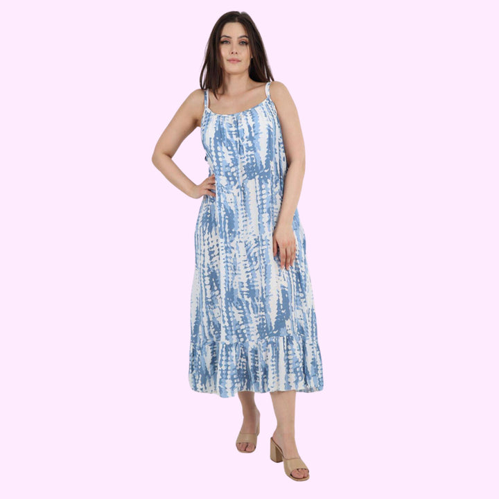 Italian Tie Dye Print Ruffle Hem Sleeveless Dress