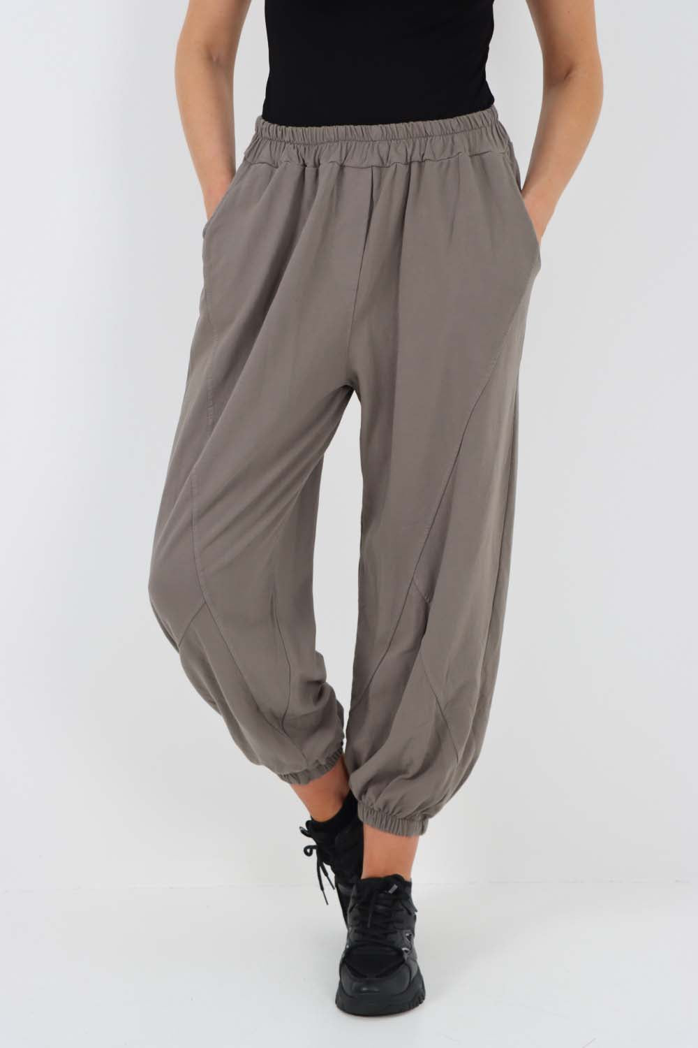 Italian Ruched Hem Cotton Trousers With Side Pockets