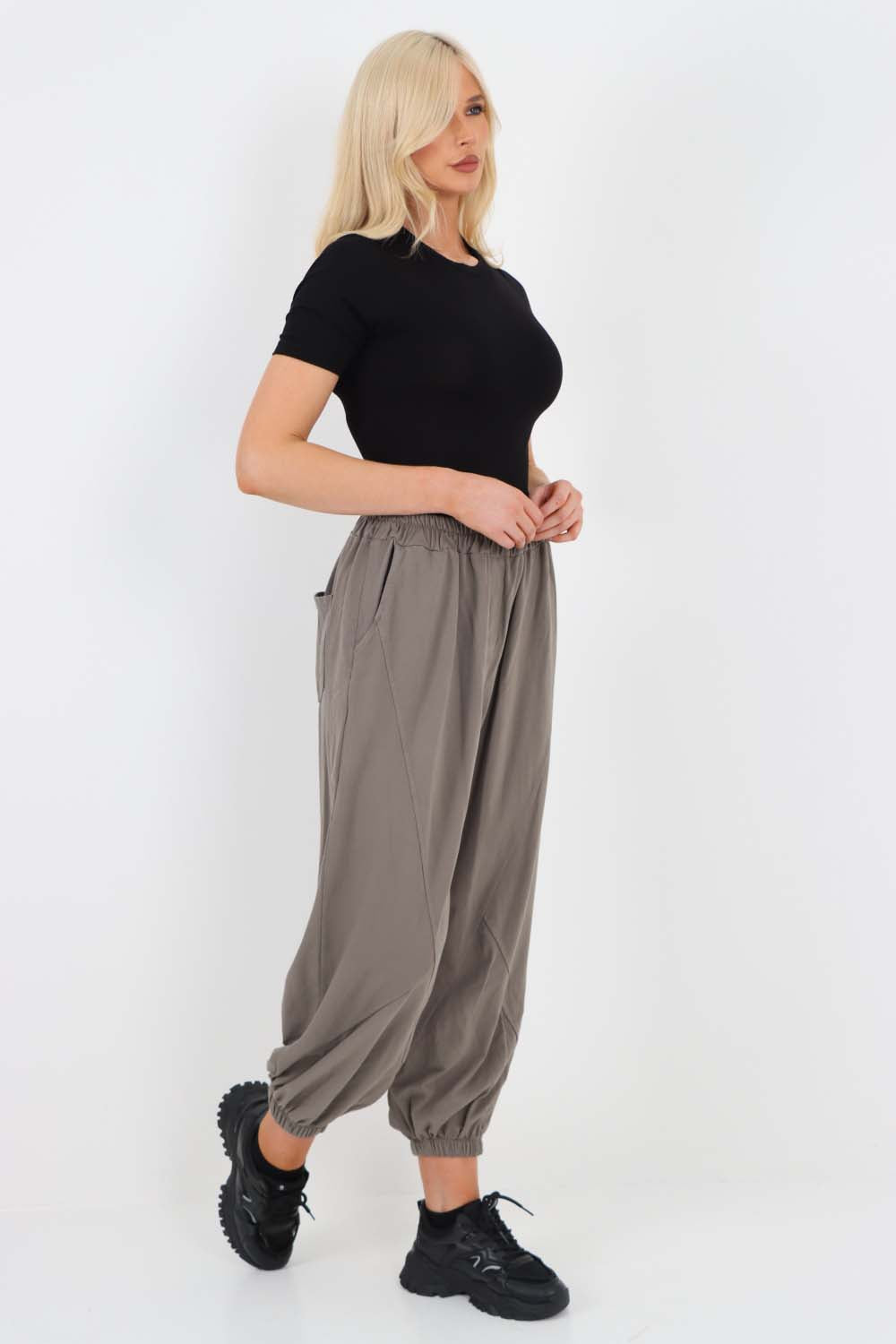 Italian Ruched Hem Cotton Trousers With Side Pockets