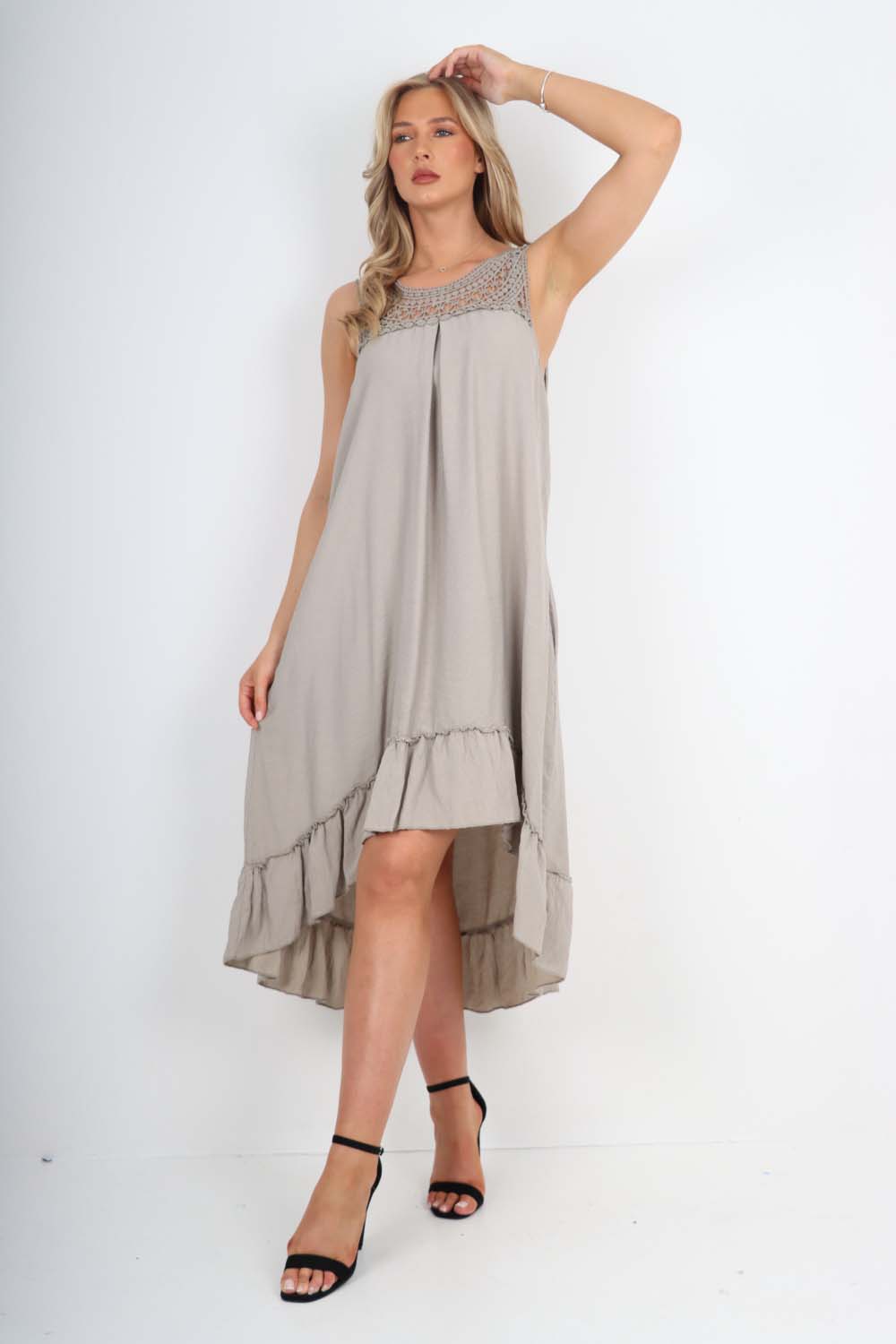 Italian Lace Neckline Dipped Hem Dress